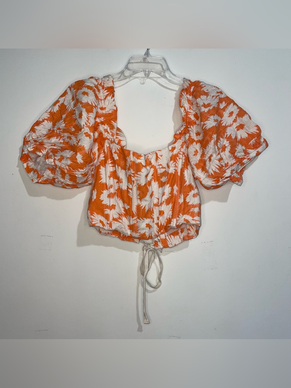 Karlie Bright Orange L Floral Puff Sleeve 100% Cotton Lace Up Corset Top